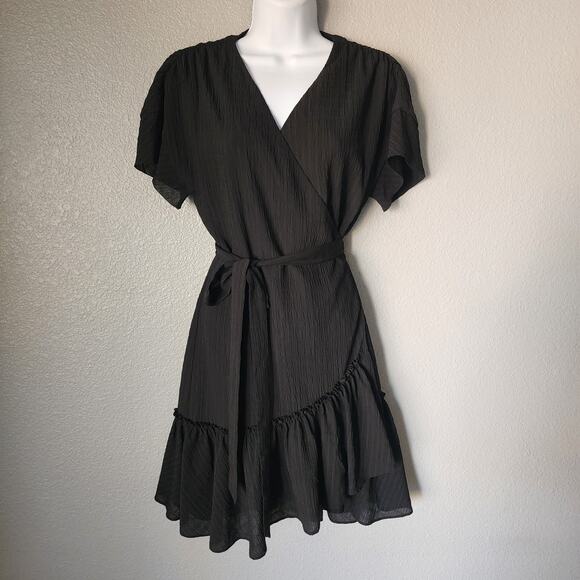 All Saints Rene Ruffle Bottom Short Sleeve Wrap Dress Black - Picture 2 of 9